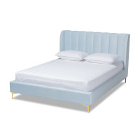 Baxton Studio BBT6765-Light Blue-Queen Saverio Glam and Luxe Light Blue Velvet Fabric Upholstered Queen Size Platform Bed with Gold-Tone Legs